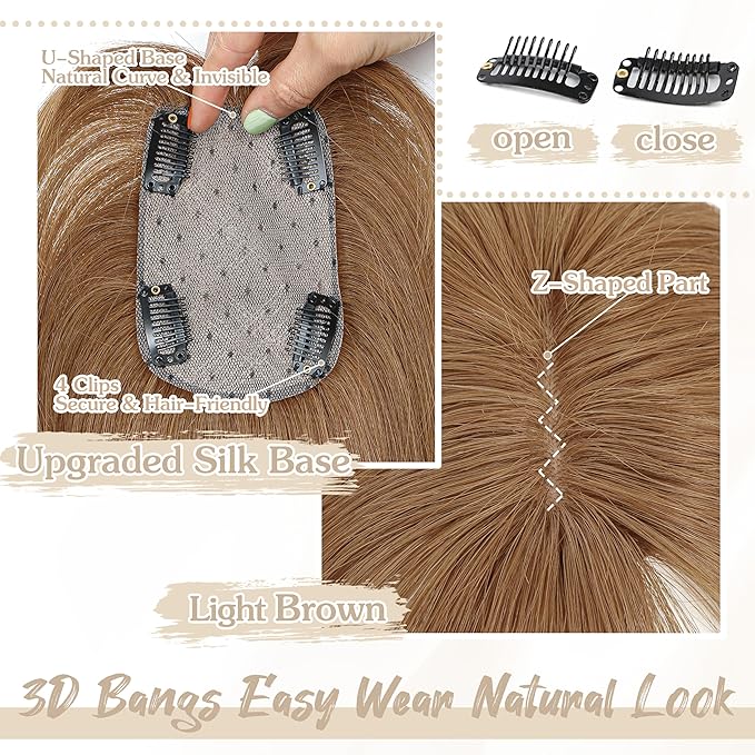Human Hair Toppers for Women - 150% Density Clip In Hair Topper with Bangs U Shape 10 Inch Toppers Hairpieces for Women Perfect for Thinning Hairr Ideal for Daily Use Light Brown