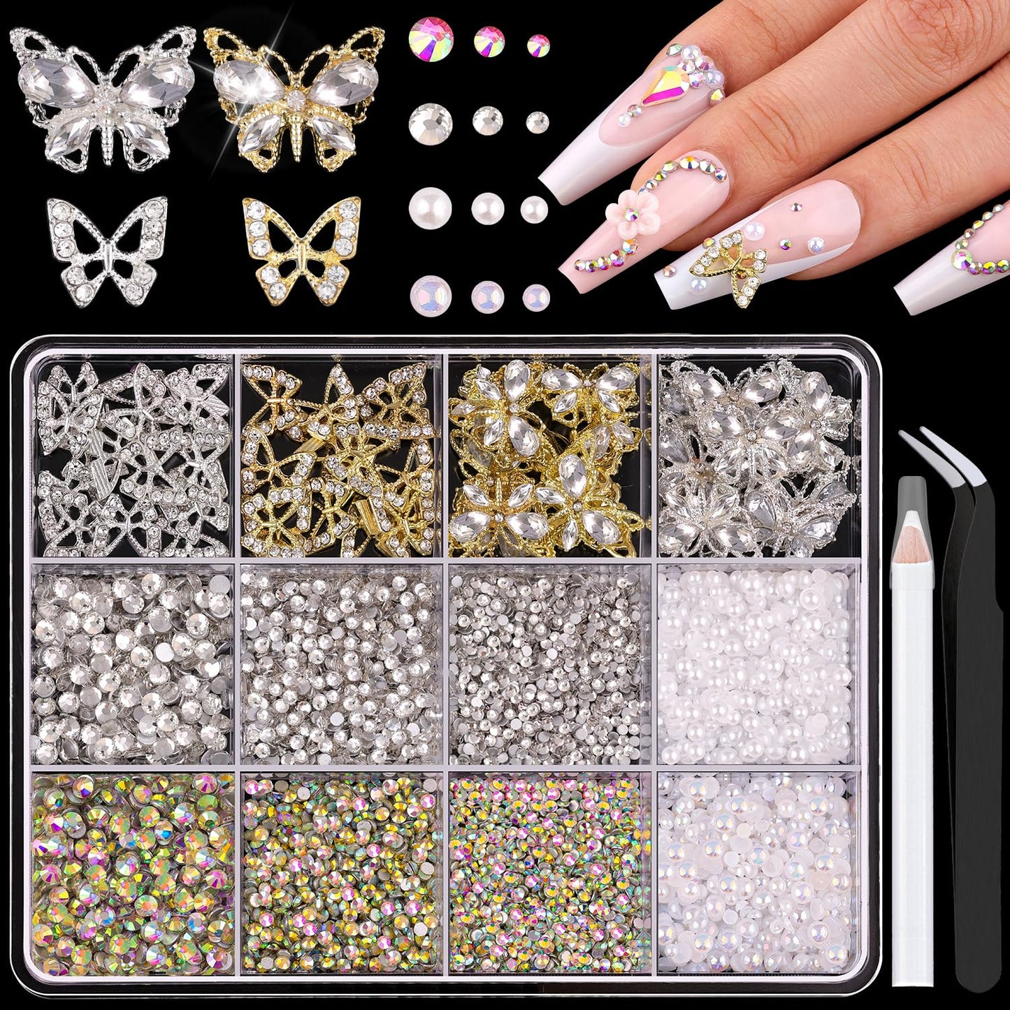 50Pcs 2 Styles 3D Butterfly Nail Charms and Flatback Gems Pearl, Silver+Gold Shiny Luxury Gems, Crystal Jewels Studs with Rhinestones for Nail Design, Nail Art Decoration Set for Acrylic Nails