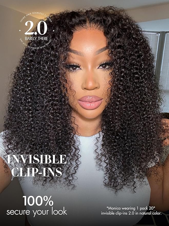 LUVME Invisible Clip ins Hair Extensions Deep Kinky Curly Real Human Hair Remy Hair Clip ins for Women, Natural Human Hair, 24 inch 110g 6Pcs, Natural Black