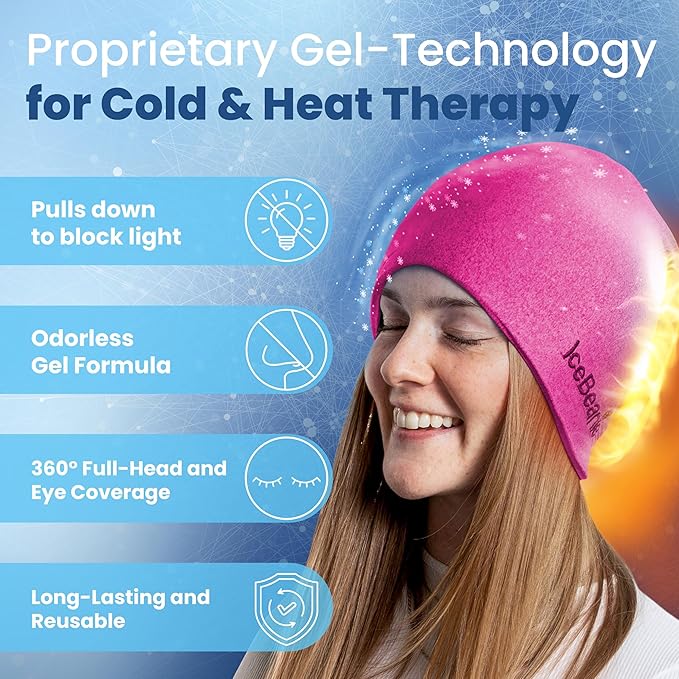 IceBeanie Migraine Relief Cap, As Seen on Shark Tank, Soft & Stretchy Gel Tension Headache Relief Cap, Extended Cooling Hangover Ice Hat, Odorless Head Wrap Ice Pack Wrap, Headache Migraine Mask