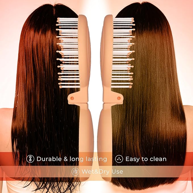 Mini Detangler Travel Hair Brush with Mirror, Makaron Hair Brushes for Women, Men and Kids, Unique 3D Flexible Design for All Hair Types, Styling Accessory, Travel Essentials for Women (PEACH FUZZ)