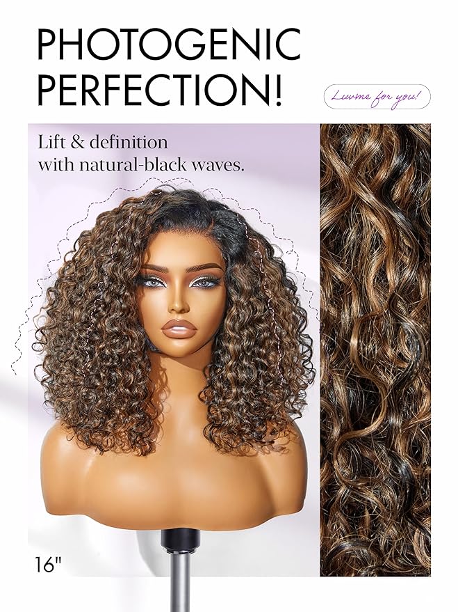 LUVME HAIR 100% Human Hair Wigs Curly Deep Wave Glueless Lace Front 12 Inches Pre Cut Plucked Hd Lace Short Wig Ready To Go Highlight Color Straight Bleached Knots Side Part Black Wigs