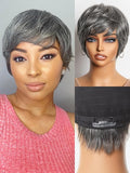 LUVME HAIR Ultra Comfort Salt & Pepper Gray Wigs Throw On & Go Short Pixie Cut with Bangs 5 Inches Skin Friendly Cotton Cap 100% Real Human Hair Glueless Wig Glueless Wig Hair Full Machine Made