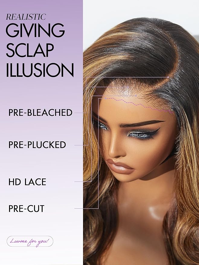 LUVME HAIR 7x6 HD Lace All-Day Comfort Wig 200% Density Hair PartingMax Lace Wigs Highlight Color Loose Body Wave Lace Front Wigs Human Hair Pre Cut Plucked Lace Frontal Glueless 20 Inches Mix Brown