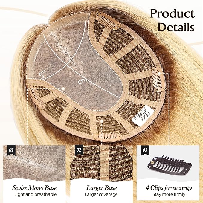 Large MONO Top Hair Toppers for Women Remy Human Hair 14 Inch 6"x7" Big Base Partial wig Cover Thinning Hair or Loss No Bangs Natural Wiglets (Blonde Mixed Brown)