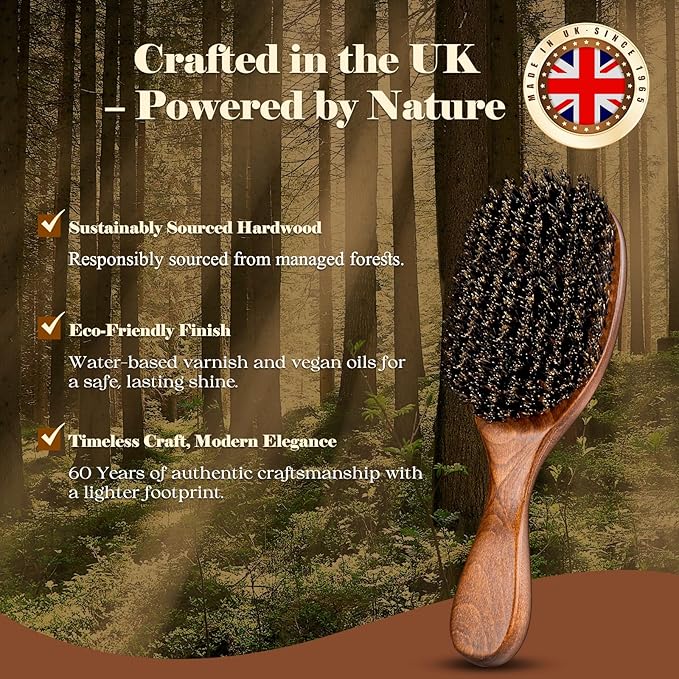 Boar Bristle Hair Brush Since 1965 British Craftsmanship, Handmade Natural Wooden Slick Back Hairbrush/Beard Brush, Pure Soft Bristles Gentle Detangling Women Men Kids Thin Fine Hair, Smooth & Shine