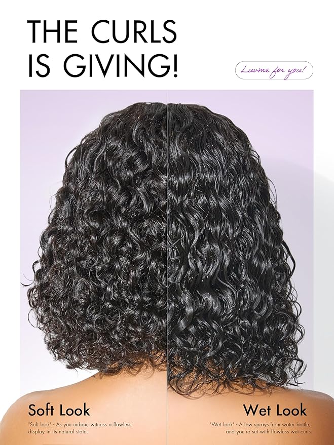 LUVME HAIR 5X5 Deep Curly 12 Inches 100% Human Hair Wigs Curly Deep Wave Glueless Lace Front 12 Inches, Pre Cut Plucked Hd Lace Short Wig Ready To Go Natural Color Straight Bleached Knots Black Wigs