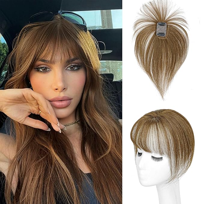 Hair Toppers for Women Real Human Hair - 360° Coverage Brown Clip In Topper with Bangs for Thinning Hair Upgraded 4×6 cm Silk Base Ideal for Everyday Use