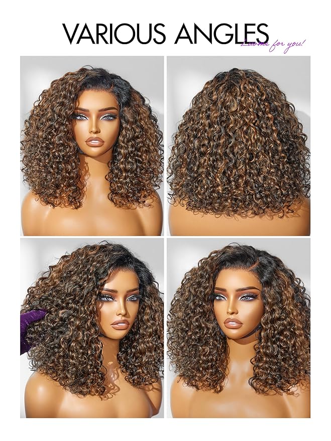 LUVME HAIR 100% Human Hair Wigs Curly Deep Wave Glueless Lace Front 16 Inches Pre Cut Plucked Hd Lace Short Wig Ready To Go Highlight Color Straight Bleached Knots Side Part Black Wigs