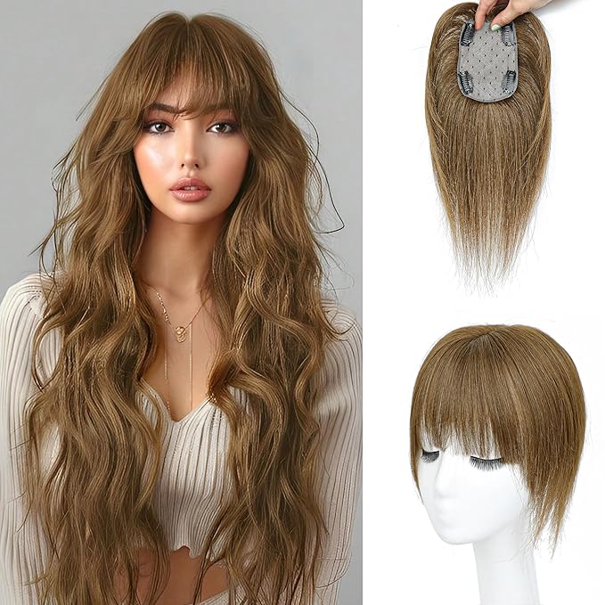 Human Hair Toppers for Women - 150% Density Clip In Hair Topper with Bangs U Shape 10 Inch Toppers Hairpieces for Women Perfect for Thinning Hairr Ideal for Daily Use Brown