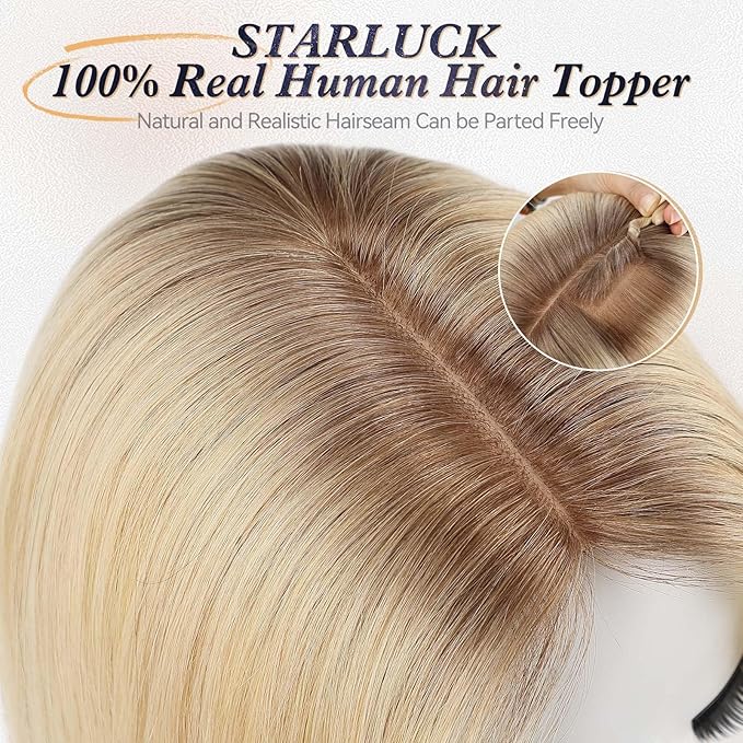 starluck Human Hair Toppers for Women Real Human Hair No Bangs 4 * 5.5 inch Base 12 inch SilkHug Topper for Women with Thinning Hair Cover Grey Roots(Ombre Light Blonde)