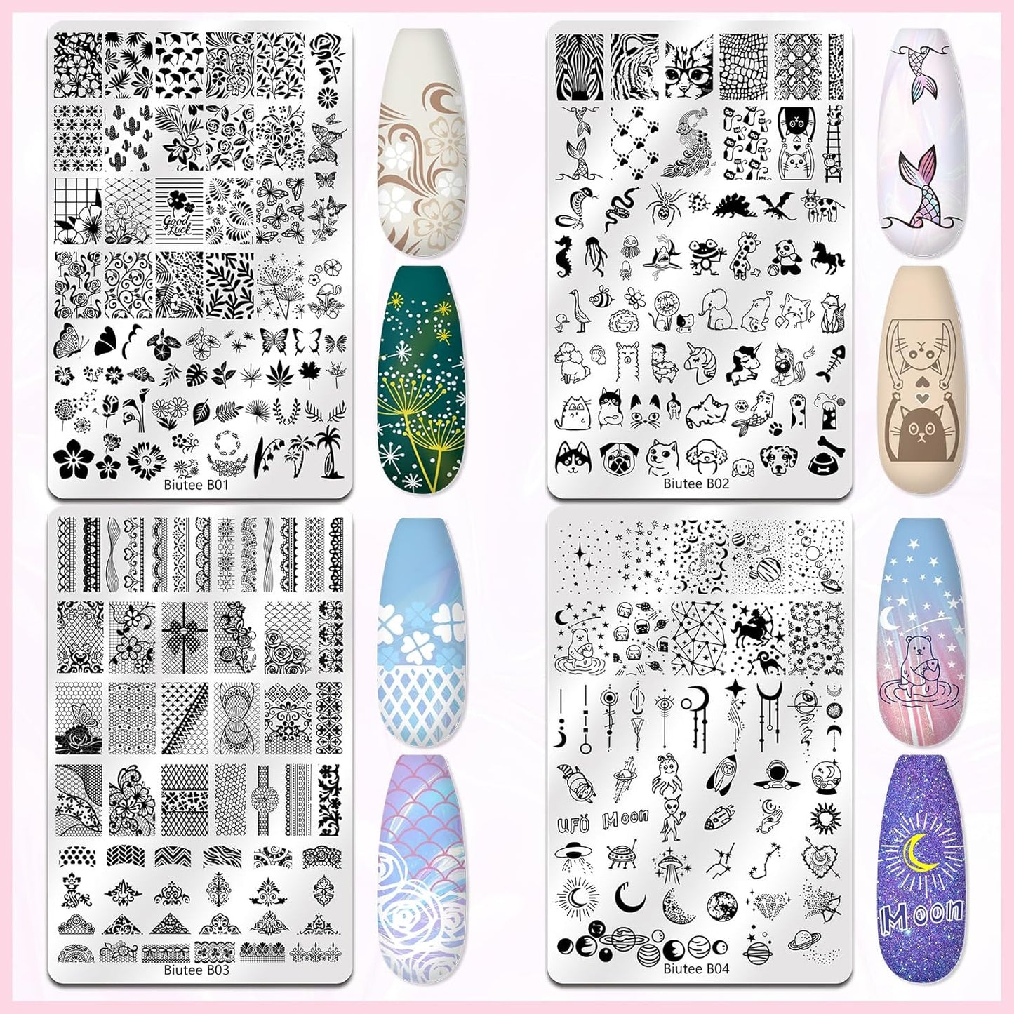 Biutee 4PCS Nail Stamping Plates Set, Includes Nail Art Stamper & Scraper - French Line Lace, Space, Animal, Flower, Leaf Designs - Large Nail Art Stencils Templates for DIY Manicure