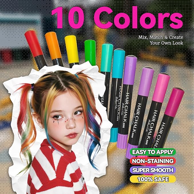 10 Colors Dustless Hair Chalk for Kids, Washable Temporary Hair Color Pens, Easy to Apply & Wash Out, Kid-Safe Non-Toxic, Fun Gifts for Girls & Teens, Parties, Dress Up & Creative Play