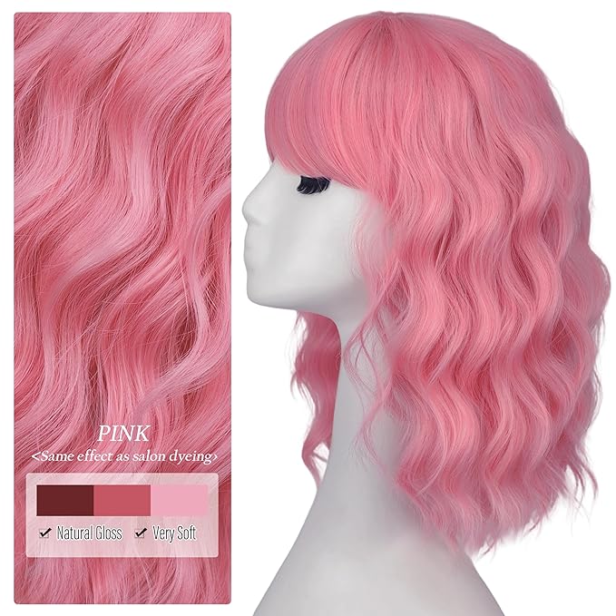 Nnzes Short Wavy Bob Wig with Bangs for Women Shoulder Length Curly Pink Synthetic Heat-Resistant Fiber Hair for Daily & Party Use