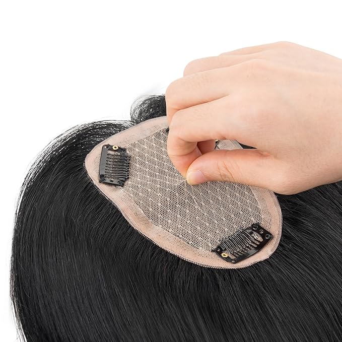 Hairro Human Hair Toppers Free Parted, 3.5x4.7" Base Hand-wovened 100% Real Hairpieces, with Invisible Clips-in for Women, for High Hairline/Adding Volume on Top, 12 Inch Jet Black