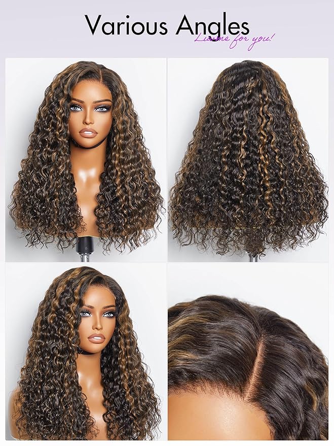 LUVME HAIR 20 Inch Highlight Brown Curly Lace Front Wig Human Hair Pre Cut Lace Glueless 5X5 Closure Wig Pre Plucked For Women 180 Density