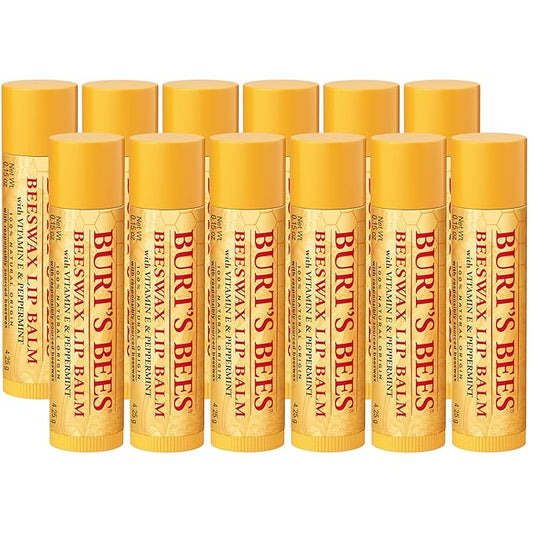 Burt's Bees Lip Balm - Original Beeswax 12 Count Pack in Bulk, Lip Moisturizer With Responsibly Sourced Beeswax, Tint-Free, Natural Origin Conditioning Lip Treatment, 12 Tubes, 0.15 oz