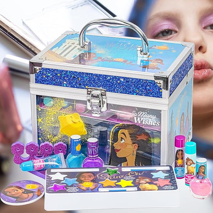Disney Wish - Townley Girl Train Case Cosmetic Makeup Set Includes Lip Gloss, Eye Shimmer, Brush, Nail Polish, Accessories & more! for Girls, Ages 3+ perfect for Parties, Sleepovers & Makeovers