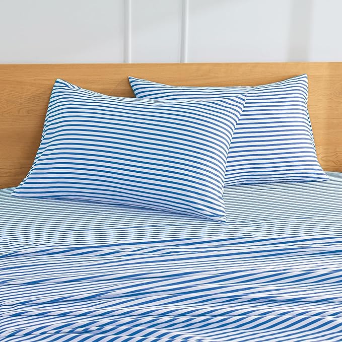JELLYMONI 100% Natural Cotton Striped Standard Pillowcases Set, 2 Pack White and Blue Stripes Pattern Printed Pillow Covers with Envelope Closure(Pillows are not Included)
