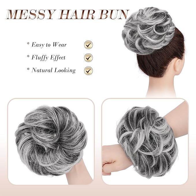 FESHFEN Messy Bun Hair Piece - Elastic Wavy Curly Hair Bun Scrunchies Extensions Synthetic Chignon Hairpieces for Women Girls, Black with White Tips 1.5 oz