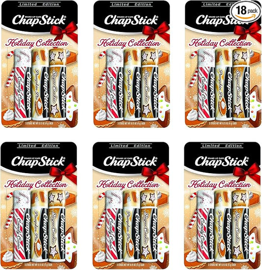 ChapStick Holiday Collection - Candy Cane, Pumpkin Pie & Sugar Cookie Flavors - Blister Pack of 3 Sticks 0.15 Each - Pack of 6 = 18 Sticks, Great Holiday Gift 3 Count (Pack of 6)