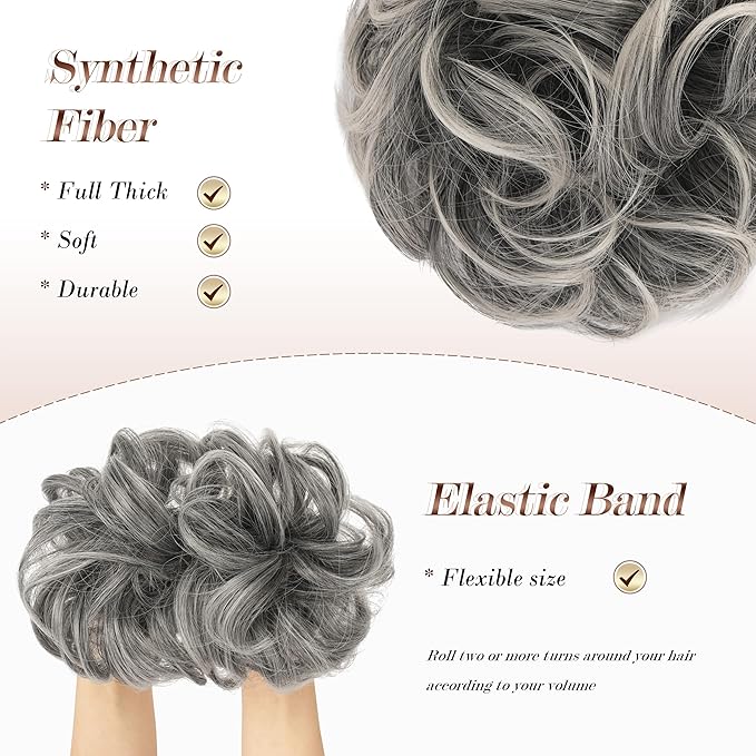 FESHFEN Messy Bun Hair Piece - Elastic Wavy Curly Hair Bun Scrunchies Extensions Synthetic Chignon Hairpieces for Women Girls, Black Gray and White Tips 1.5 oz