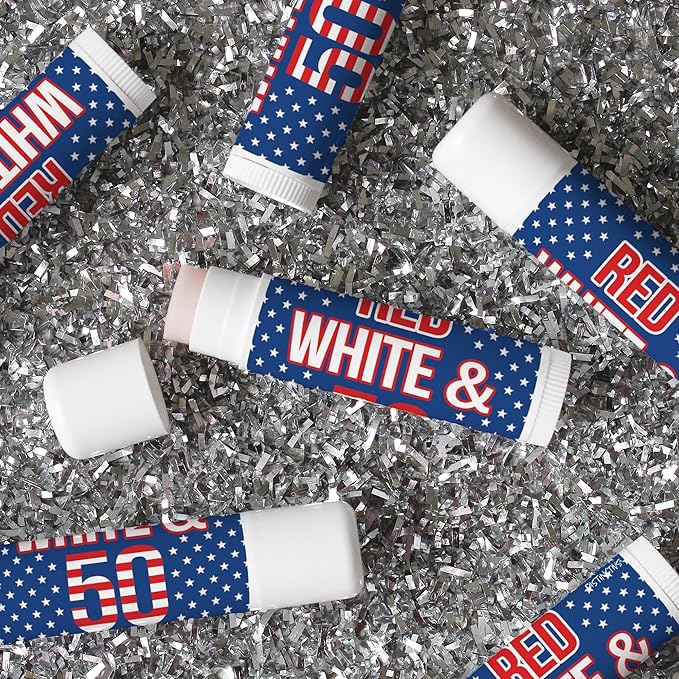 Red White and Blue 50th Birthday Party Favor Lip Balm Labels - 36 Count, Patriotic Birthday Party Supplies