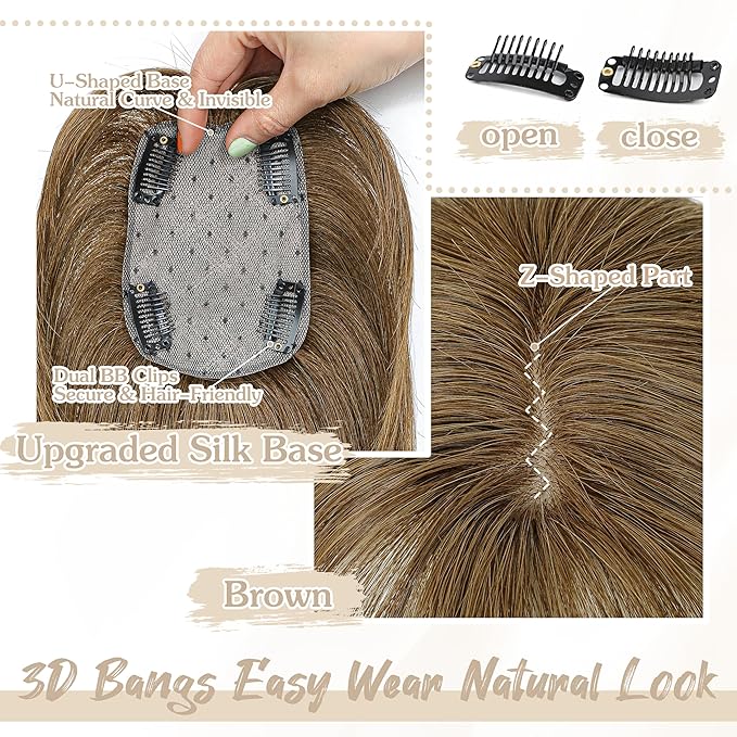 Human Hair Toppers for Women - 150% Density Clip In Hair Topper with Bangs U Shape 10 Inch Toppers Hairpieces for Women Perfect for Thinning Hairr Ideal for Daily Use Brown