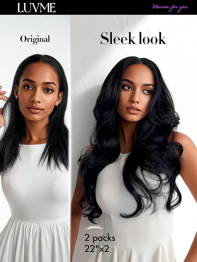 LUVME Body Wave Seamless 110g 7Pcs Clip in Hair Extensions Full Max with 24inch Remy Human Hair Extensions, Natural Black 100% Real Soft Hair