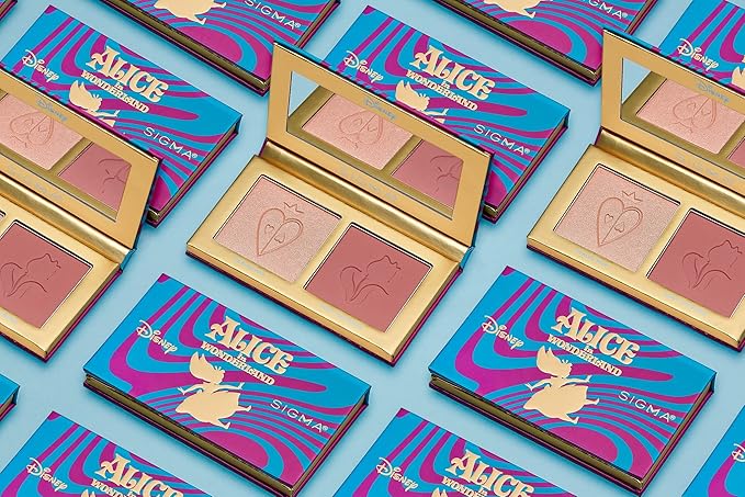 Sigma Beauty and Disney Makeup Palette- Alice in Wonderland Highlighter and Blush Palette - Long lasting blush and Highlighter Pressed Powder - Gluten Free, Cruelty Free, Vegan Makeup Palette