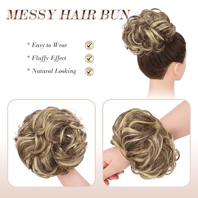 FESHFEN Messy Bun Hair Piece - Large Elastic Wavy Curly Hair Bun Scrunchies Ponytail Extensions Synthetic Chignon Hairpieces for Women, Light Brown & Blonde 1.94oz