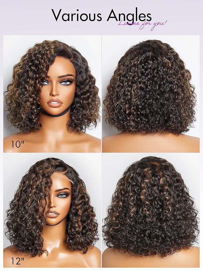 LUVME HAIR 12" Curly Glueless Wigs Human Hair Pre Plucked Pre Cut, Undetectable HD Lace Curly Bob Wig Human Hair Short Black Wig with Blonde Highlights Ready to Go Wig 180 Density