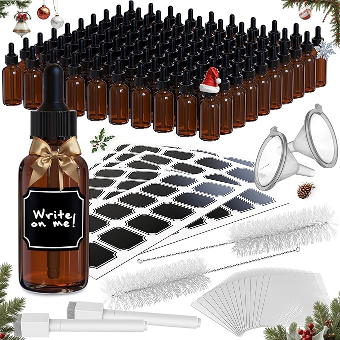 Nevlers Glass Dropper Bottle 1 Oz 100 Pack | 1oz Amber Glass Dropper Bottles with Funnels, Brushes, Labels, Markers & Shrink Wrap | Tincture Bottles with Droppers for Oils, Serums, Medicine & More