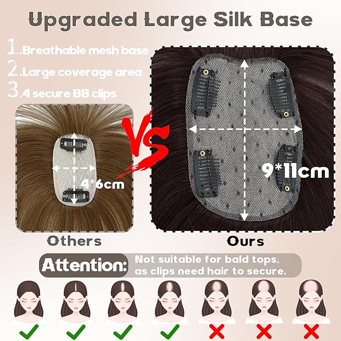 Hair Toppers for Women Real Human Hair-U Shape Toppers Hair Pieces for Women with Thinning Hairr 150% Density Silk Base Clip in Human Topper with Bangs for Daily Use(Dark Brown