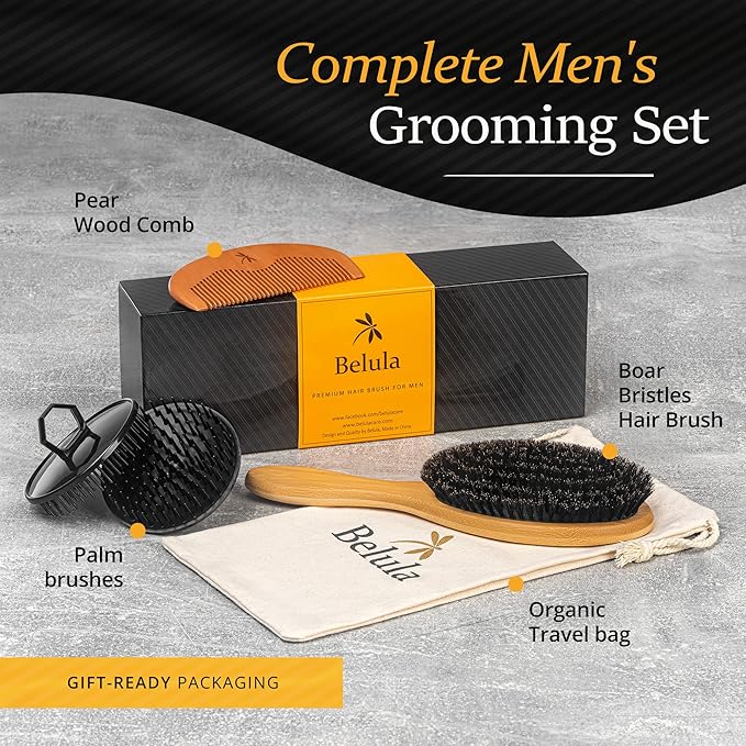 Belula Boar Bristle Hair Brush Set for Men - Soft Mens Hair Brush for Thin, Normal & Short Hair - Includes Wooden Comb, 2 Palm Brushes & Travel Bag - Best Hair Brushes for Men!