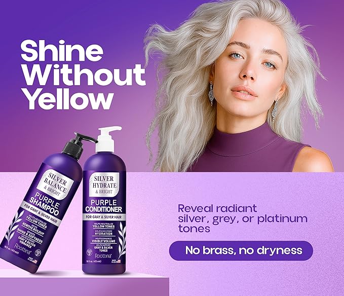 Silver Shine Sulfate Free Brass Toning Purple Shampoo and Conditioner Set for Gray, Blonde & White Hair – Neutralizes Brass, Enhances Shine, Supports Cool Tone, Made in USA, 16 fl oz