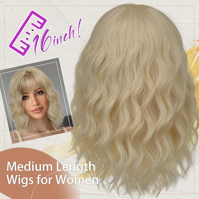 Nnzes Short Wavy Bob Wig with Bangs for Women Shoulder Length Curly Blonde Synthetic Heat-Resistant Fiber Hair for Daily & Party Use