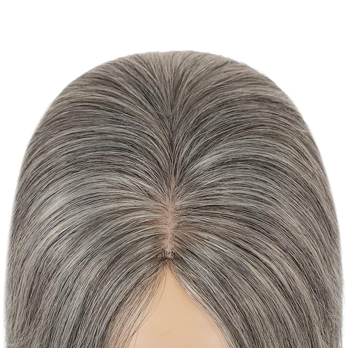 Hairro Human Hair Toppers Free Parted, 3.5x4.7" Base Hand-wovened 100% Real Hairpieces, with Invisible Clips-in for Women, for High Hairline/Adding Volume on Top, 10 Inch Dark Grey Mix Silver