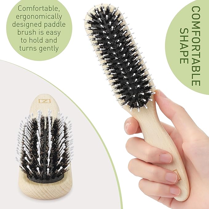Natural Boar Bristle Hair Brush for Women, Men, Kids; Dry and Wet Detangling Hair Brush Gently Enhances Shine, Smooths Frizz and Prevents Breakage in Fine and Straight, Thick and Curly Hair (long)