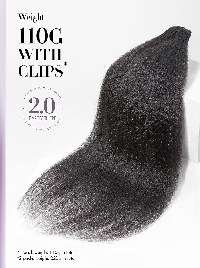 LUVME Invisible Clip in Hair Extensions, Kinky Straight Real Human Hair Remy Hair Clip ins for Women, Natural Human Hair, 16 inch 110g 7Pcs, Natural Black