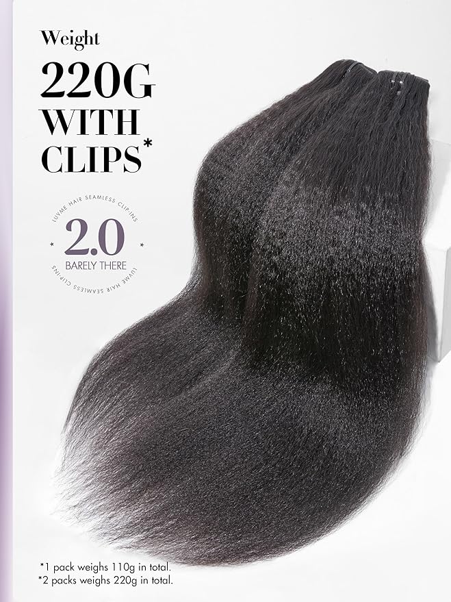 LUVME Invisible Clip in Hair Extensions, Kinky Straight Real Human Hair 20 Inch 2 Pack 220g 14pcs Clip ins Hair Extensions Natural Black for Women