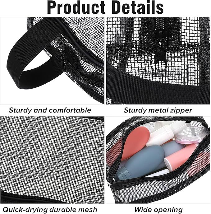 1 Pcs Mesh Shower Caddy Portable Travel Mesh Toiletry Bag Quick Dry Tote Bags Dorm Toiletry Organizer for Women Men Gym Bag Camping Organizer Hanging Bathroom Mesh Bag Black 9.8 × 6.3 × 4.3 Inch