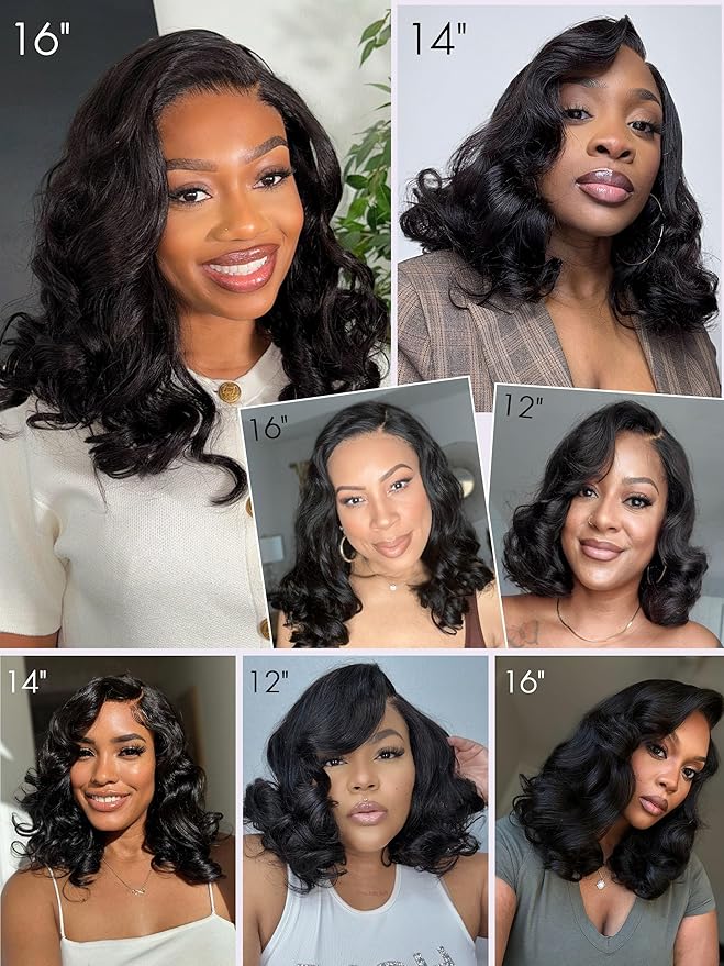 LUVME HAIR Loose Wave Bob Real 100% Human Hair Short Wigs Glueless Pre Cut Plucked Hd Lace Wig Ready To Go Natural Color Bleached Knots Side Part Black Wigs 14 Inches