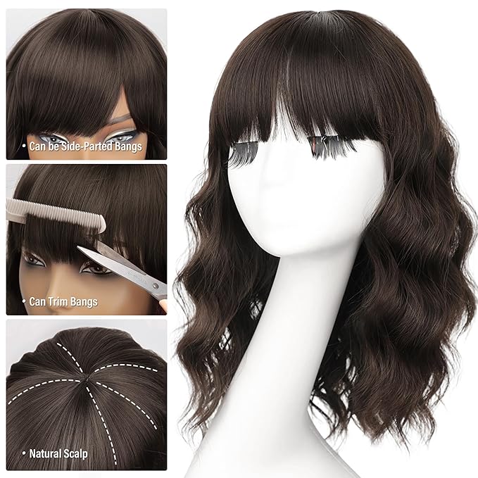 Nnzes Short Wavy Bob Wig with Bangs for Women Shoulder Length Curly Soft Brown Synthetic Heat-Resistant Fiber Hair for Daily & Party Use