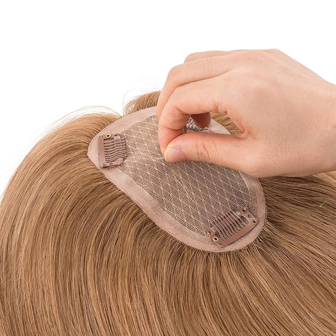 Hairro Human Hair Toppers Free Parted, 3.5x4.7" Base Hand-wovened 100% Real Hairpieces, with Invisible Clips-in for Women, for High Hairline/Adding Volume on Top, 12 Inch Blondish Brown