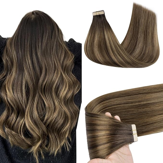 GOO GOO Tape in Hair Extensions Human Hair, 4D/14/5B Brunette Balayage, 26inch 60g 20pcs, Skin Weft Seamless Invisible, Silky Straight with Thick Ends, Remy Human Hair