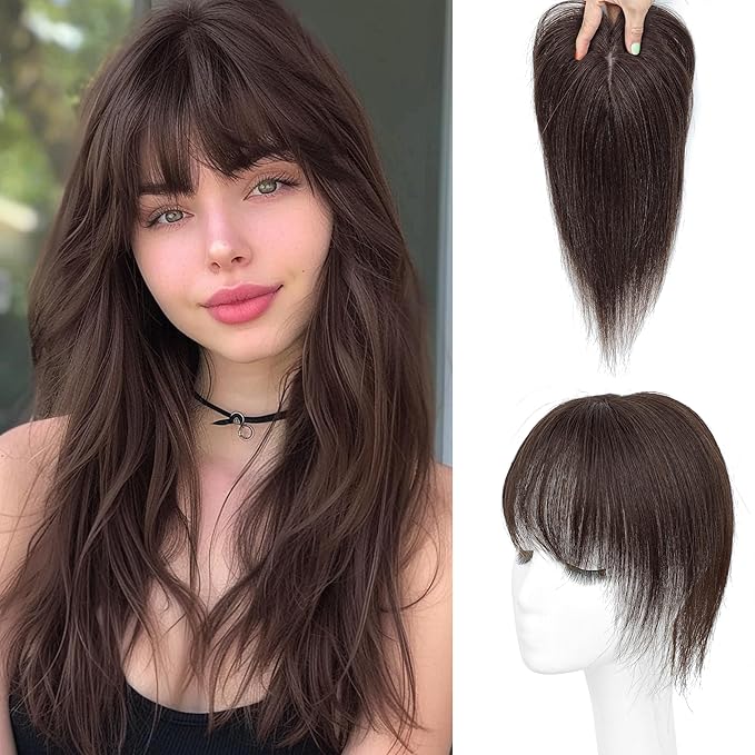 Hair Toppers for Women Real Human Hair-U Shape Toppers Hair Pieces for Women with Thinning Hairr 150% Density Silk Base Clip in Human Topper with Bangs for Daily Use(Dark Brown