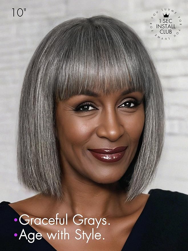 LUVME HAIR All-Day Comfort Wig 10 Inch Grey Salt & Pepper Silky Straight Bob Wig with Bangs Human Hair Glueless HD Lace Bob Wig with Mix Grey Color, Ready to Go Short Wigs For Women (Breathable Cap)