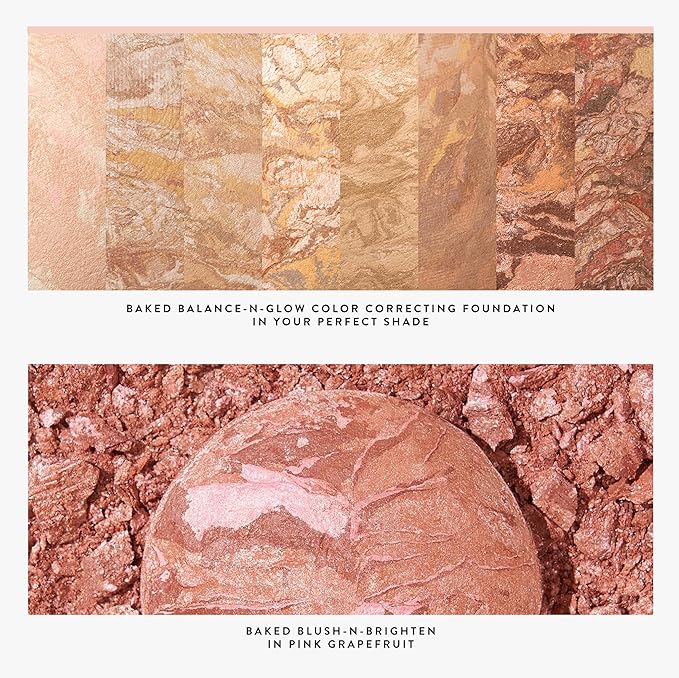 LAURA GELLER NEW YORK Blush-n-Glow Kit - Baked Balance-N-Glow Illuminating Powder Foundation, Deep + Retractable Kabuki Brush + Baked Blush-N-Brighten, Pink Grapefruit