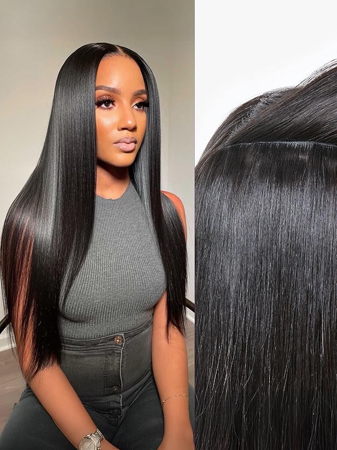 LUVME Invisible Clip in Hair Extensions Silky Straight Real Human Hair, Remy Hair Clip ins for Women, Natural Human Hair, 24 inch 110g 6Pcs, Natural Black